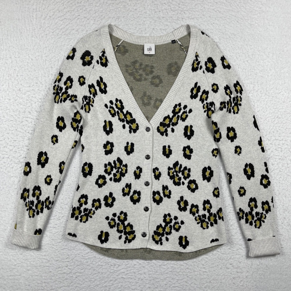Cabi Sweater Womens Small Kiki Leopard Print V Neck Button Front Cardigan Career